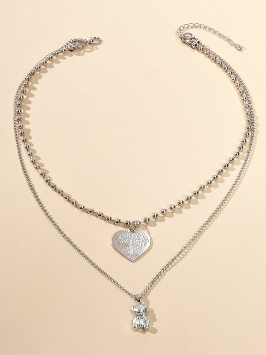 Statement Jewellery Popcorn Double layer Silver Chain Heart Bear Charm Necklace-1