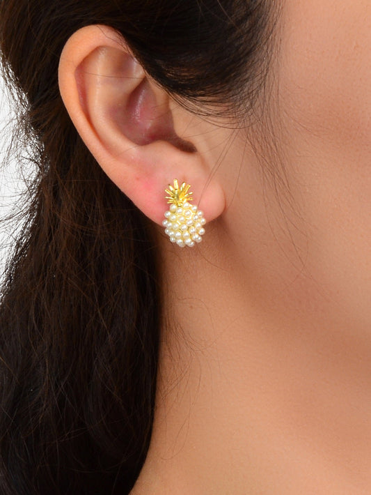 Fruit Jewelry Inspiring Imitation Pearl Decoration Gold Stud Pineapple Earrings-1