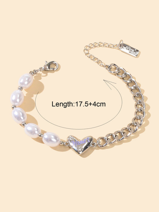 Retro Silver Pearl Beads Chain Letter Love Heart Charm Bracelet Textured Jewelry-1