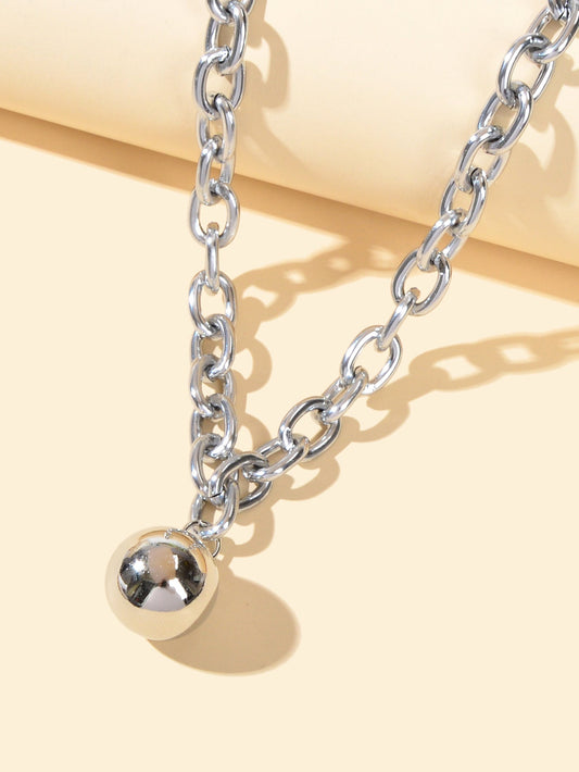 Hip Hop Punk Thick Silver Chain Ball Pendant Statement Necklace Ladies Jewellery-1