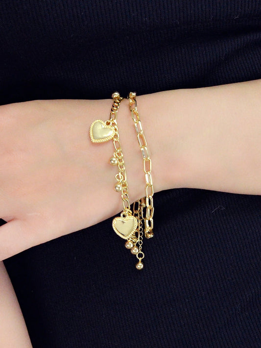 Ladies Jewellery Double layer Gold Silver Paperclip Chain Beads Heart Bracelet-1