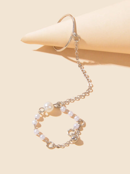 Pearl Punk Stackable Knuckle Chain Tassel Double Finger Midi Rings-4