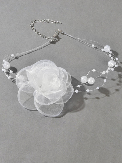Romantic Jewellery Multi-layer Pearl Chain White Flower Choker Floral Necklace-1