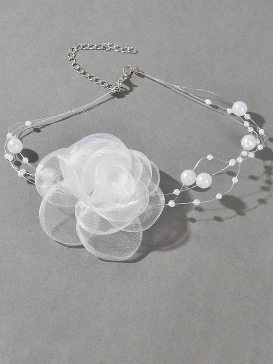 Romantic Jewellery Multi-layer Pearl Chain White Flower Choker Floral Necklace-1