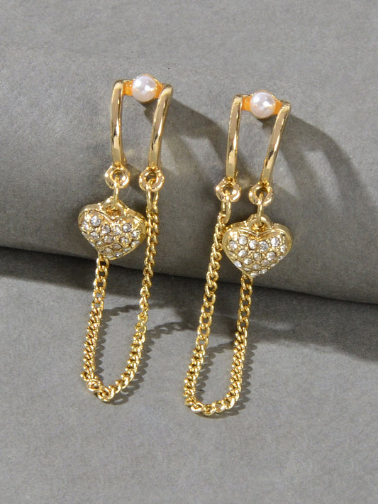 Unique Cubic Zirconia Hypoallergenic Gold Tassel Chain Heart Piercing Earrings-1