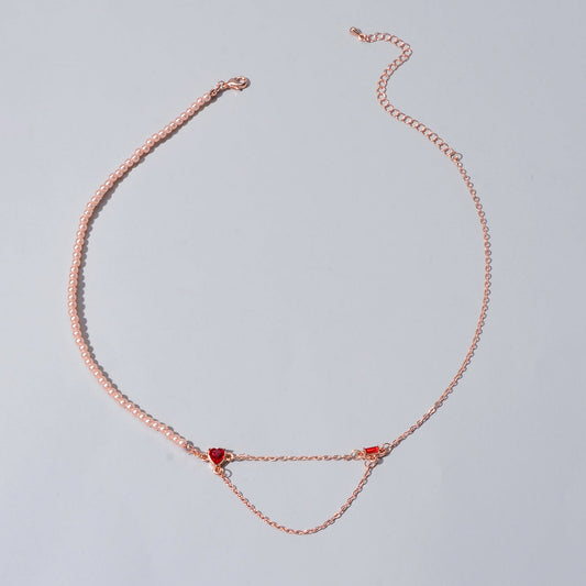 Perfect Engagement Gift Rosegold Chain Pearl Heart Sqaure Red Crystal Necklace-1