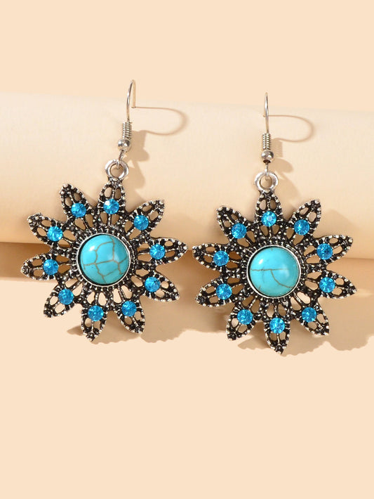 Vintage Jewelry Antique Silver Hollow out Blue Turquoise Flower Dangle Earrings-1