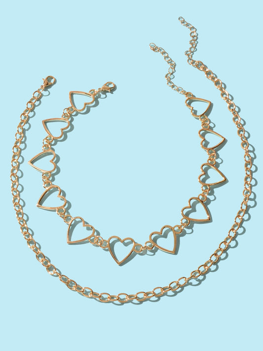 2pcs Gold Hollow out Heart Double layer Chain Clavicle Necklace Trendy Jewellery-1