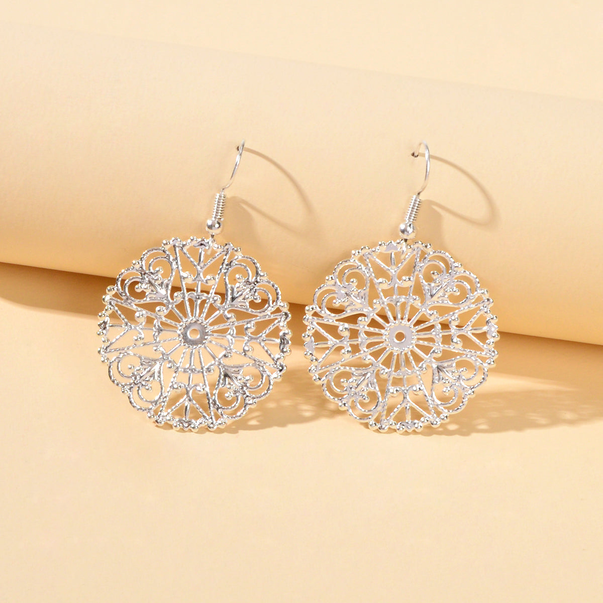Ladies Jewellery Hollow Gold Silver Flower Pattern Round Trendy Dangle Earrings-0