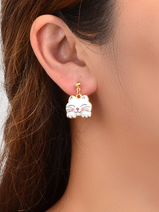Lovely White Enamel Pet Animal Dangling Charm Earrings Girls Dainty Cat Jewelry-1