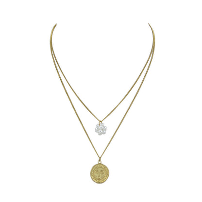 Personality Jewelry Double layer Gold Chain Pearl Ball Face Round Charm Necklace-1