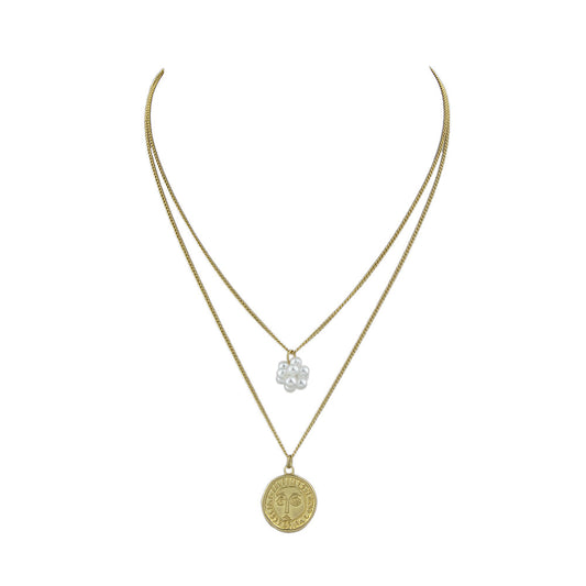 Personality Jewelry Double layer Gold Chain Pearl Ball Face Round Charm Necklace-1