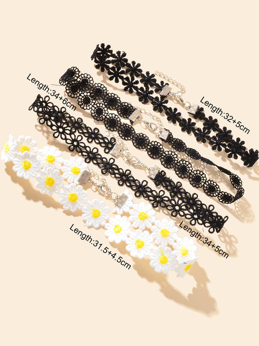 4 pcs Black White Hollow Lace Flower Tattoo Chokers Necklaces set Retro Collars-1