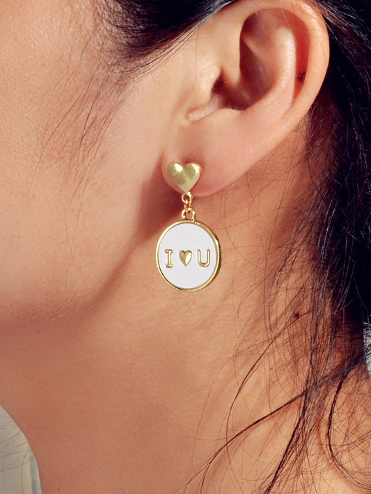 Ladies Jewellery Gold Heart I LOVE YOU Round Dangle Earrings Women Dainty Gifts-1