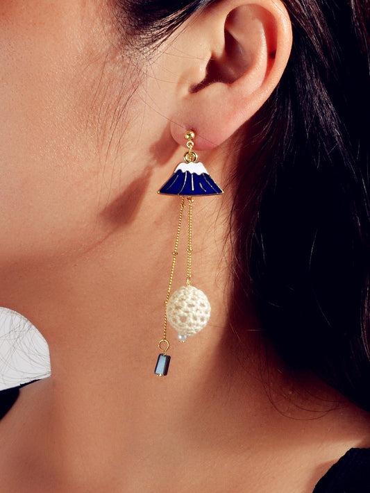 Creative Asymmetric Design Gold Chain Ball White Blue Cloud Mountain Earrings-1