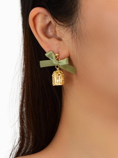 Elegant Asymmetrical Green Bow tie Gold Bird Birdcage Pearl Long Chain Earrings-1