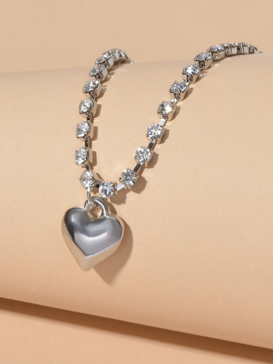 Luxurious Jewellery Full Rhinestone Decor Shining Silver Chain Heart Necklace-1