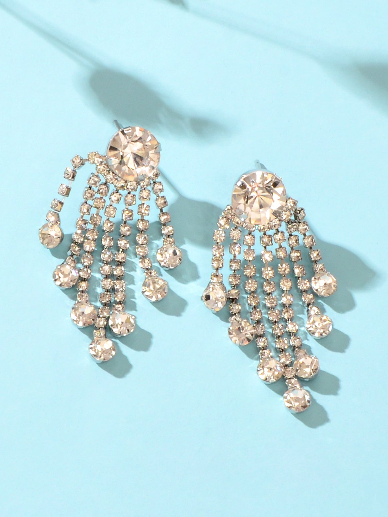 Shiny Bridal Cubic Zirconia Tassel Silver Chain Chandelier Charm Fringe Earrings-1