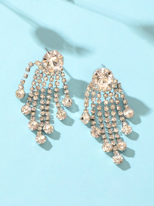 Shiny Bridal Cubic Zirconia Tassel Silver Chain Chandelier Charm Fringe Earrings-1