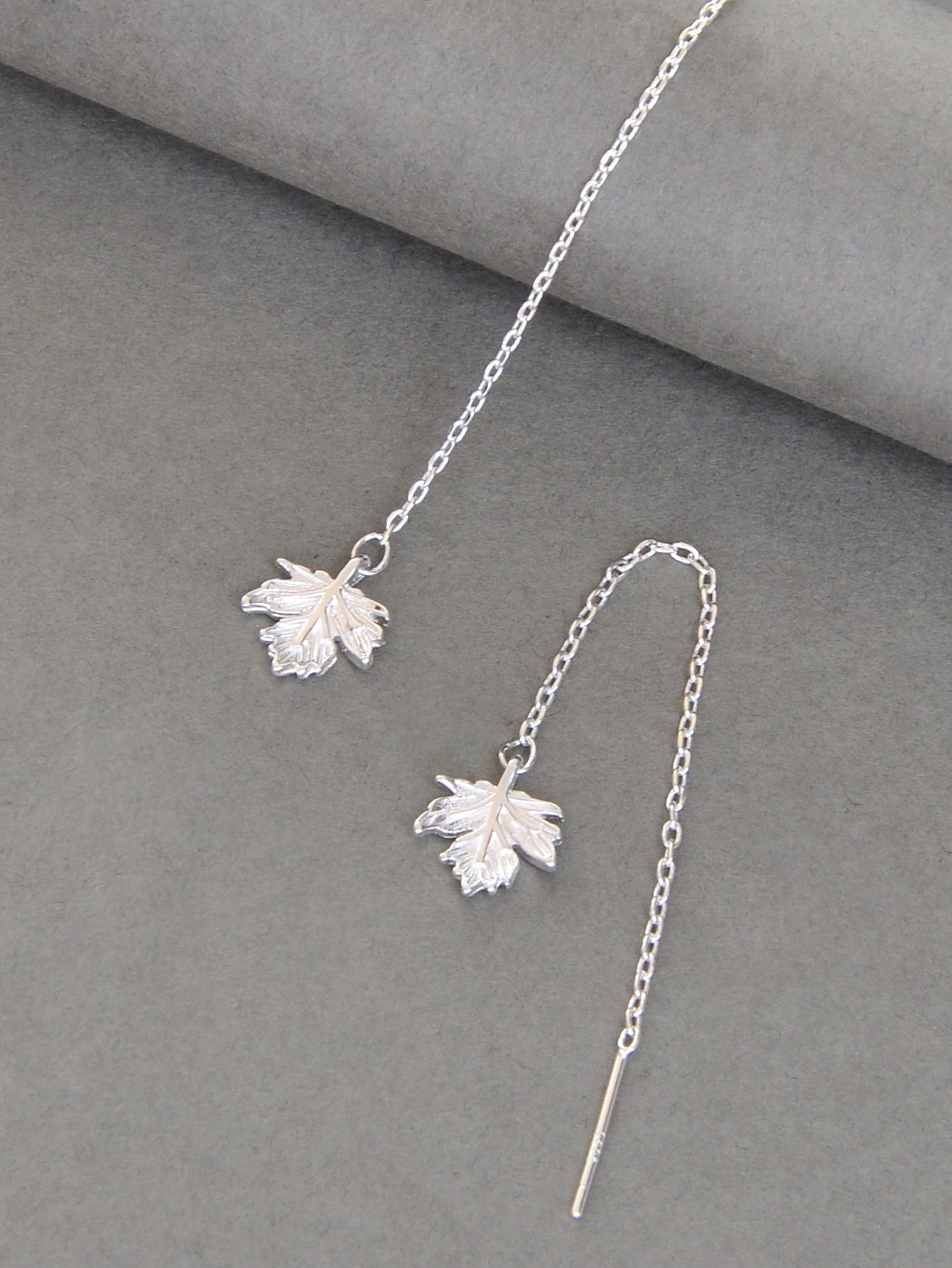 Minimalist Silver Tassel Maple Leaf Long Chain Threader Dangle Earrings Ear Line-1