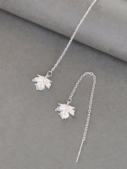 Minimalist Silver Tassel Maple Leaf Long Chain Threader Dangle Earrings Ear Line-1
