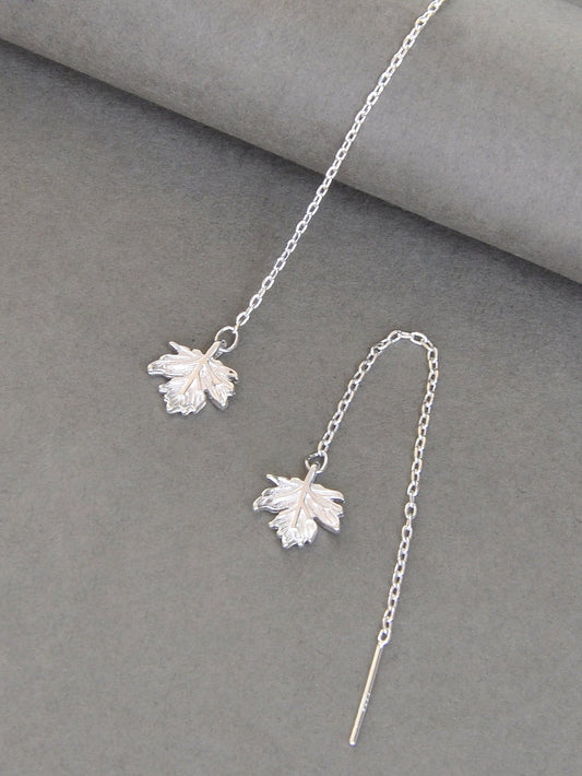 Minimalist Silver Tassel Maple Leaf Long Chain Threader Dangle Earrings Ear Line-1