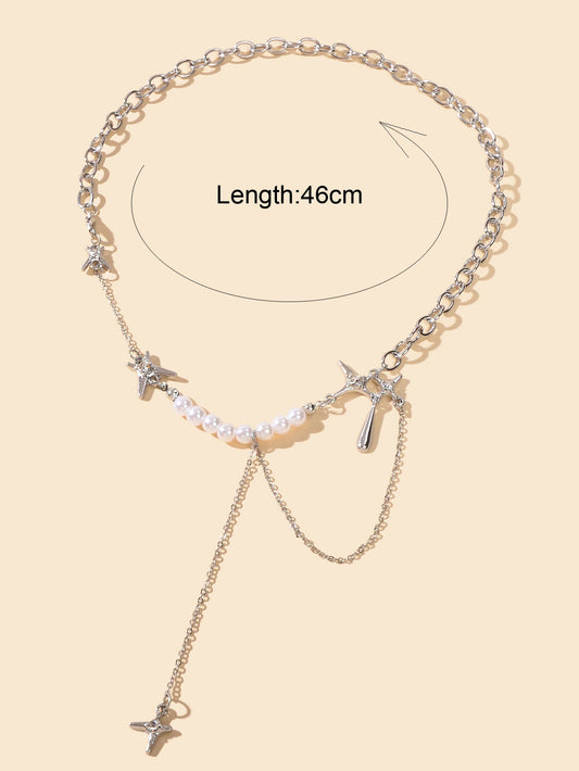 Multiple Silver Chain Star Charm Pearl Decoration Clavicle Necklace Costume Gift-1