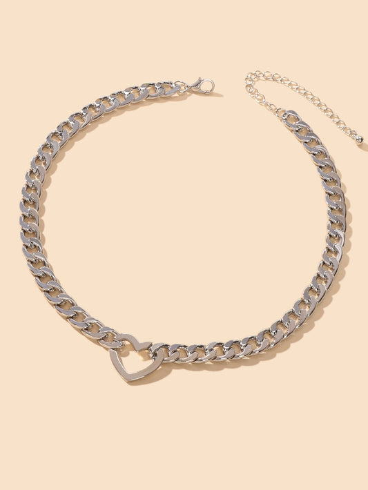 Fashion Punk Choker Crude Silver Link Chain Heart Charm Collar Clavicle Necklace-1