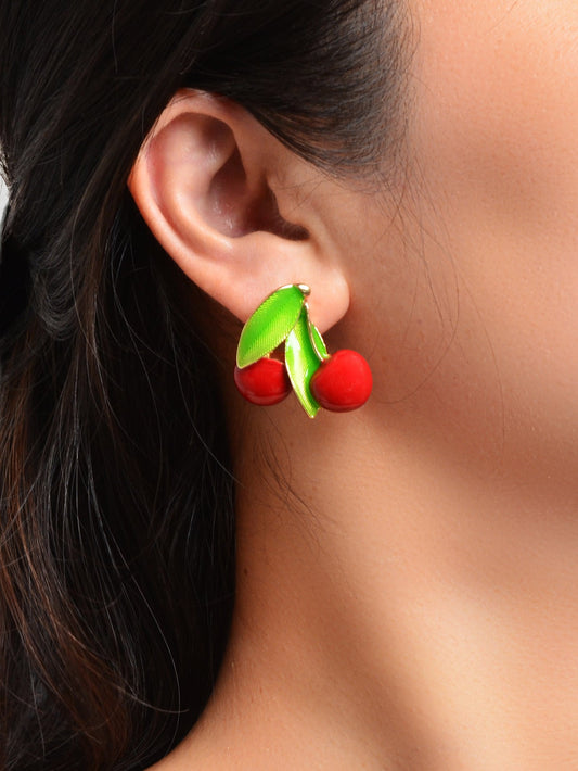 Exquisite Green Leaf Red Cherry Cute Stud Earrings Ladies Fruit Jewellery Gift-1
