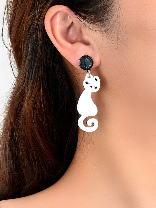 Lovely Asymmetrical White Black Acrylic Lovers Cat Creative Earrings Animal Stud-1
