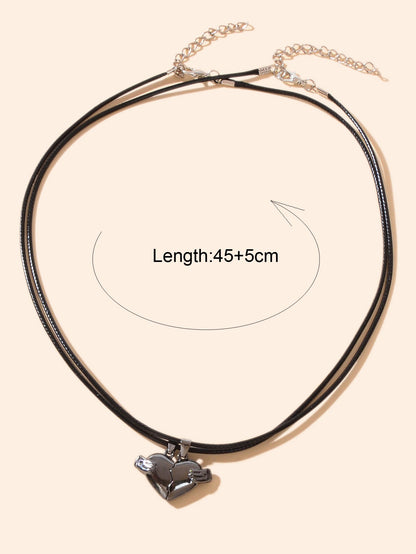 Couples Friendship Jewellery Set Pu Leather Black Magnetic Lovers Heart Necklace-1