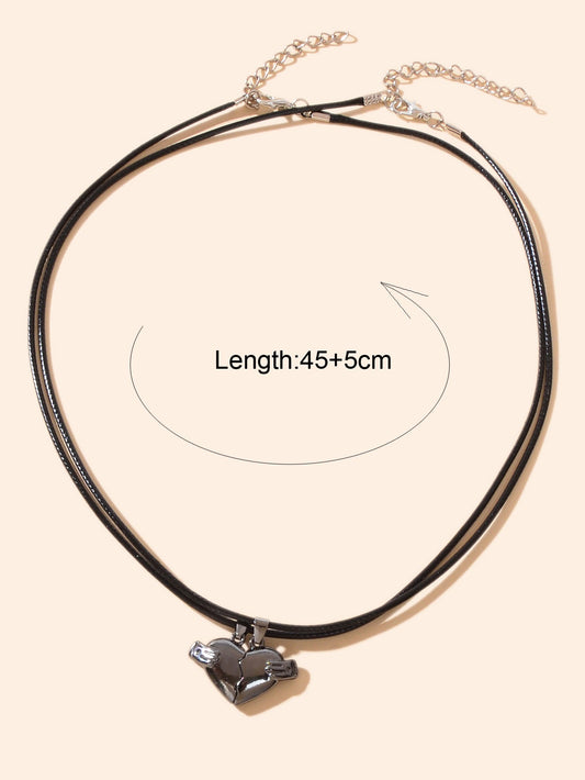 Couples Friendship Jewellery Set Pu Leather Black Magnetic Lovers Heart Necklace-1