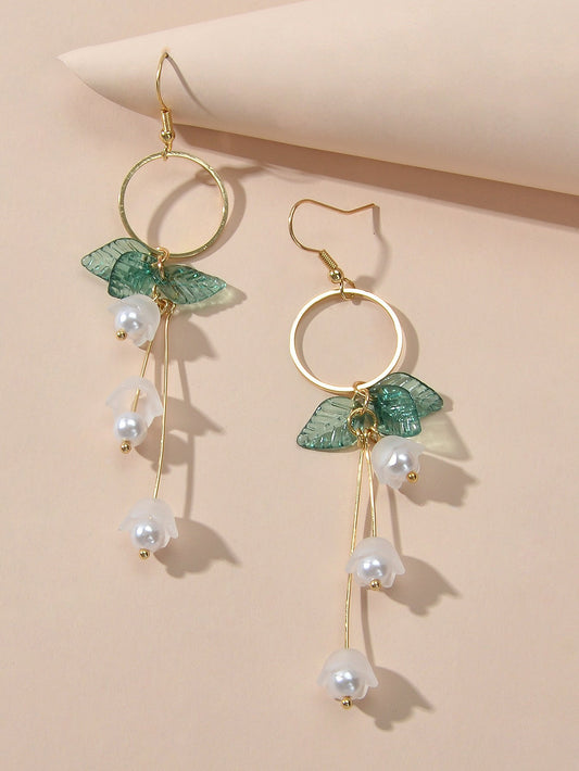 Charming Pearl Green Hotpink Resin Leaf Charm Gold Circle Dangle Women Earrings-1