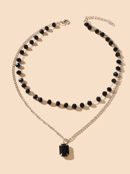Silver Link Chain Black Beads Layering Personalized Square Charm Necklace Gift-1