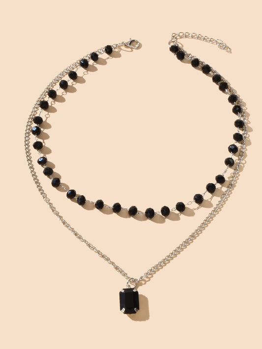 Silver Link Chain Black Beads Layering Personalized Square Charm Necklace Gift-1