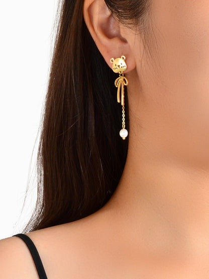 Asymmetrical Pearl Decoration Gold Long Chain Bear Dangle Stud Pierced Earrings-1