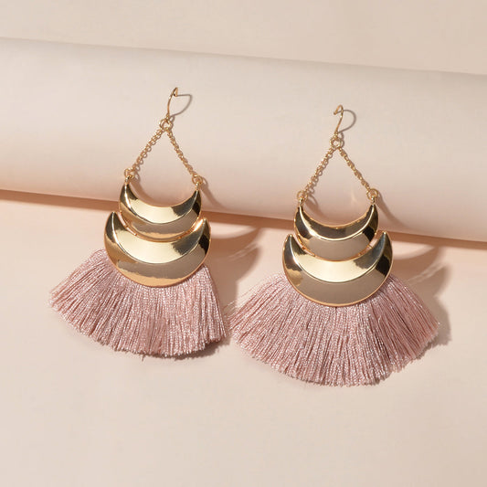 Ethnic Bohemian Traditional Jewellery Metal Pink Tassel Chunky Indian Earrings-1