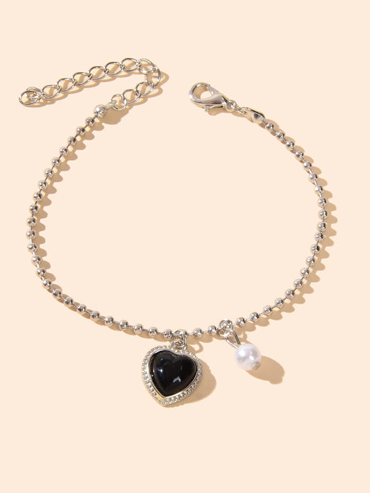 Girlfriend Gift Jewellery Silver Popcorn Chain Pearl Black Heart Charm Bracelets-1