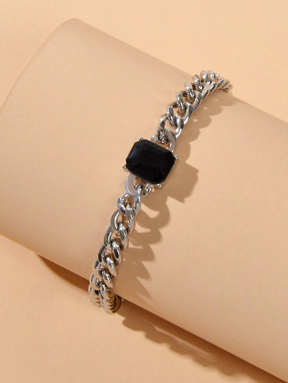 Cool Women Accessories Black Acrylic Crude Silver Metal Link Chain Bracelet Gift-2