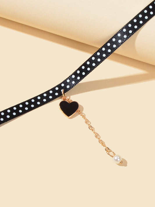 Retro 90s Dots Black Ribbon Collar Tattoo Choker Heart Charm Gold Chain Necklace-1