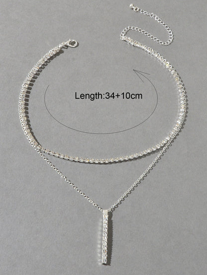 Trendy Shining Full Rhinestone Gold Silver Double layer Chain Bar Charm Necklace-1