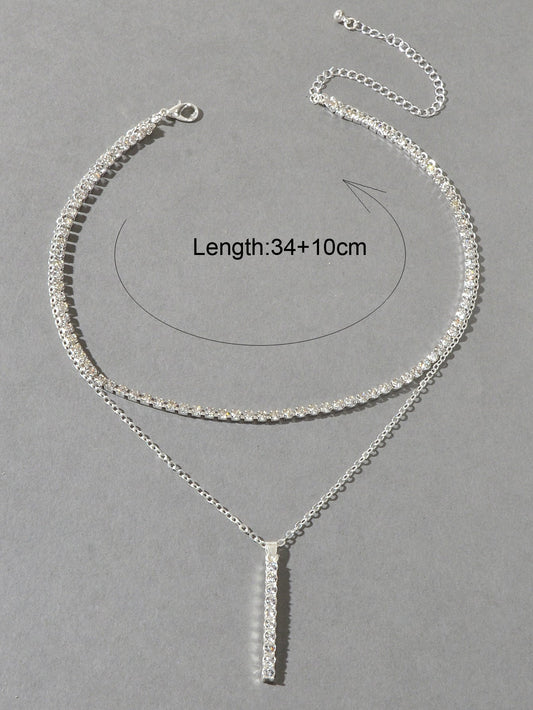 Trendy Shining Full Rhinestone Gold Silver Double layer Chain Bar Charm Necklace-1
