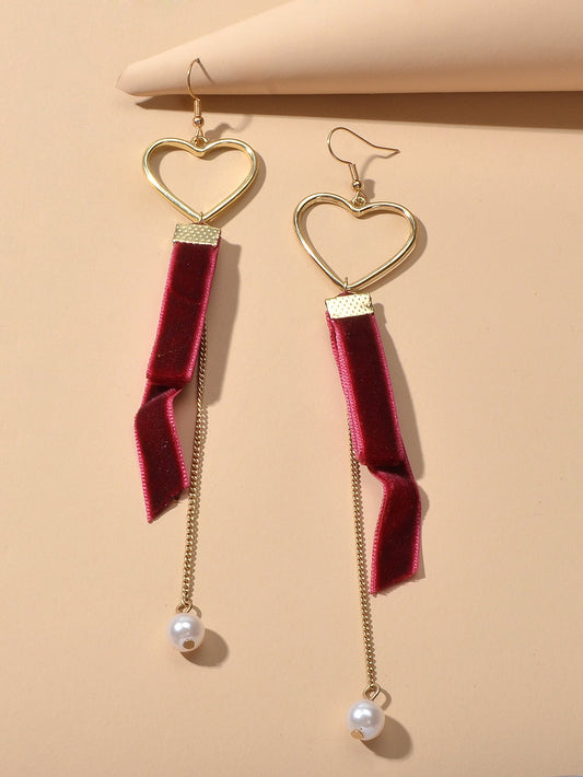 Gold Heart Velvet Decor Pearl Charm Long Chain Pendant Earrings Retro Jewellery-1