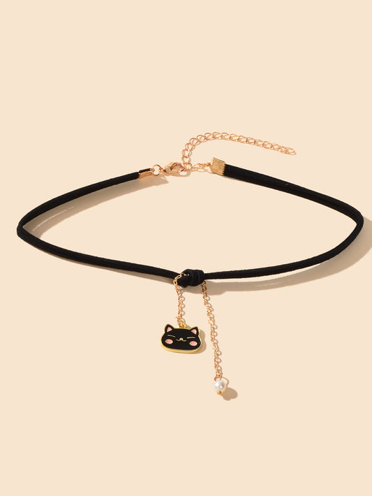 Black Choker Gold Chain Pearl Cat Charm Necklace Lovely Short Women Party Collar-1