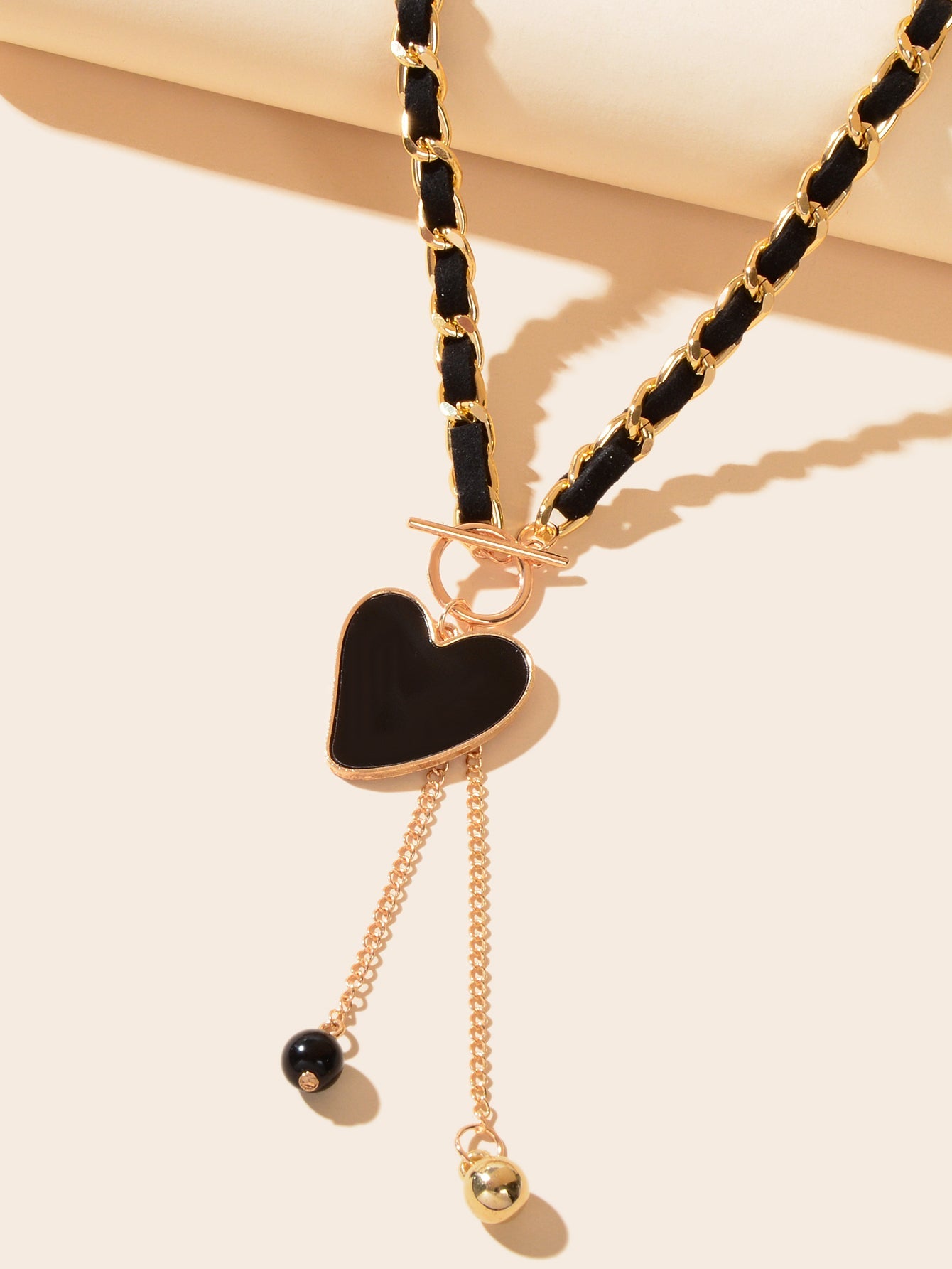 Designer Stylish Heart Charm Ball Pendant Tassel Braided Long Necklace for Party-2
