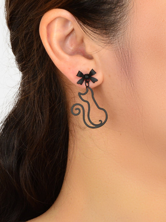 Kawaii Aesthetic Hollow Bow Tie Cat Dangle Earrings Animals Design Accessories-1