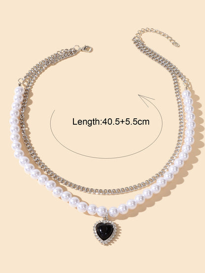 Textured Double layer Silver Pearl Chain Black Heart Necklace Retro Jewellery-1