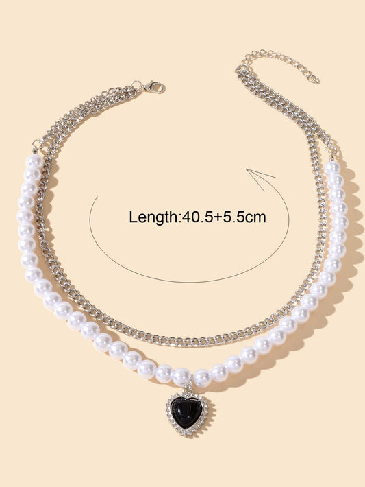 Textured Double layer Silver Pearl Chain Black Heart Necklace Retro Jewellery-1