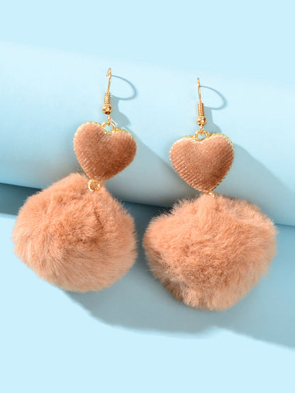 Faux Fur Fluffy Ball Handmade Soft Plush Pom Pom Heart Dangle Earrings Jewellery-4