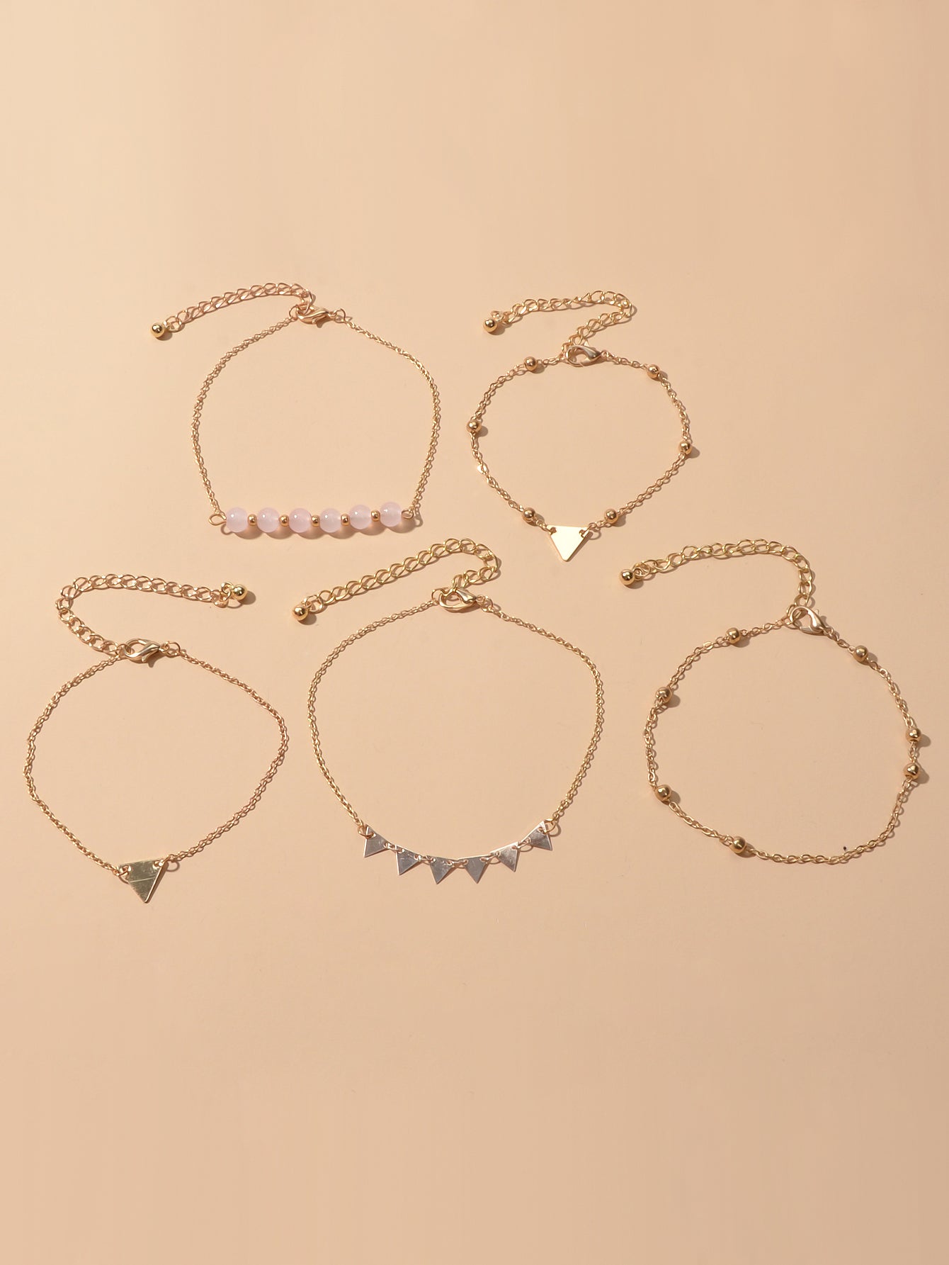 5pcs Gold Color Chain Pink Beads Triangle Decor Bracelet set Boho Chic Jewellery-1